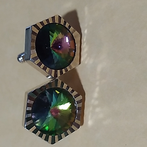 Vintage 1960-1970s Watermelon Rivoli Rhinestone Cufflinks - Picture 1 of 4